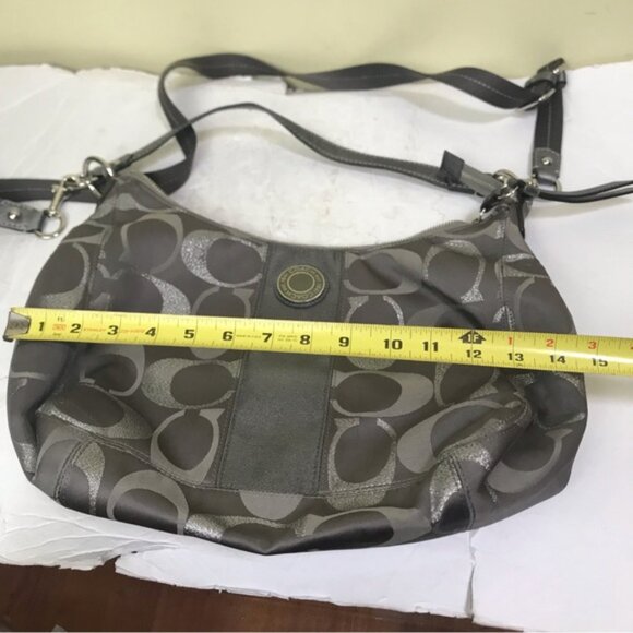 COACH Hobo Shoulder Crossbody Bag CC Silver Metallic Signature Leather Canvas - Picture 15 of 16